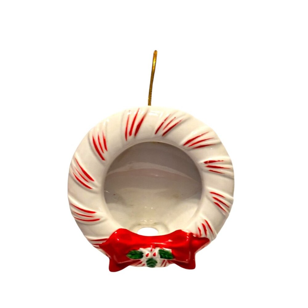 Ceramic Holiday Wreath Ornament With Red Bow & Gold Hanging Loop